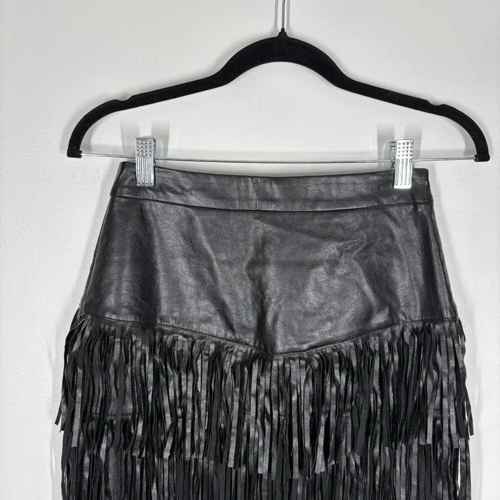 Altar’d State Wmn XS Gothic Grunge Biker Western Vegan Leather Fringe Mini Skirt